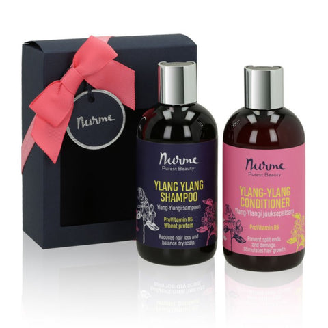 1. Nurme Ylang Ylang Hair Care Set with shampoo and conditioner in gift box with pink ribbon