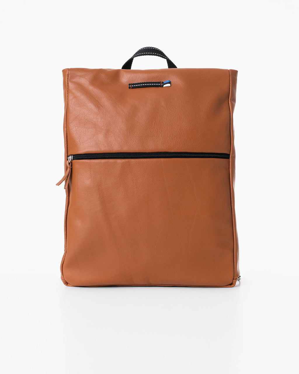 1. Trendbag Barbara Leather Backpack in peanut color, front view showing exterior zippered pocket, studio setting