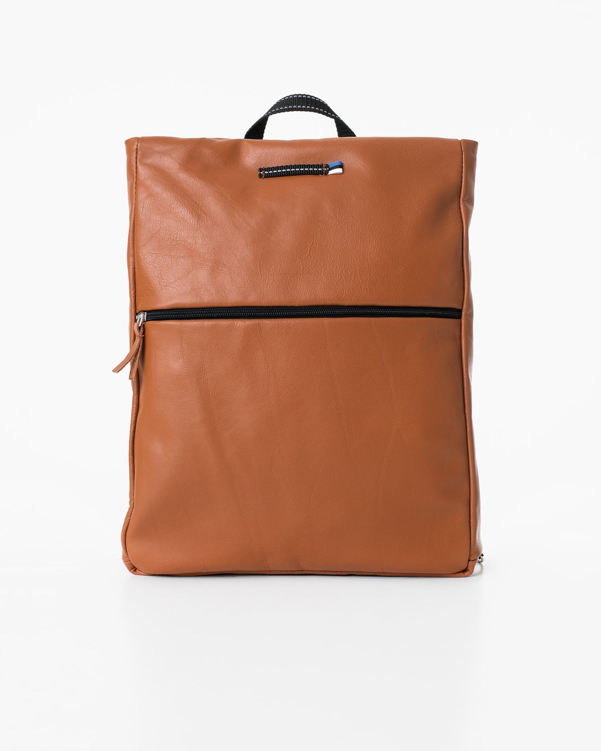 1. Trendbag Barbara Leather Backpack in peanut color, front view showing exterior zippered pocket, studio setting