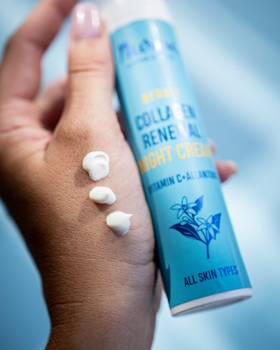 3. Close-up of Nurme Collagen Renewing Neroli Night Cream on hand, showing texture and application
