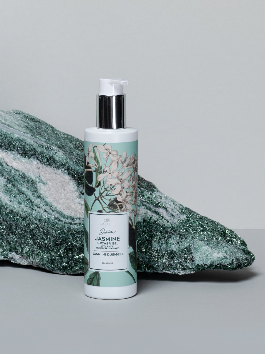 1. Magrada Organic Cosmetics Jasmine Shower Gel with black elderberry extract, 250 ml bottle, styled on a natural stone background