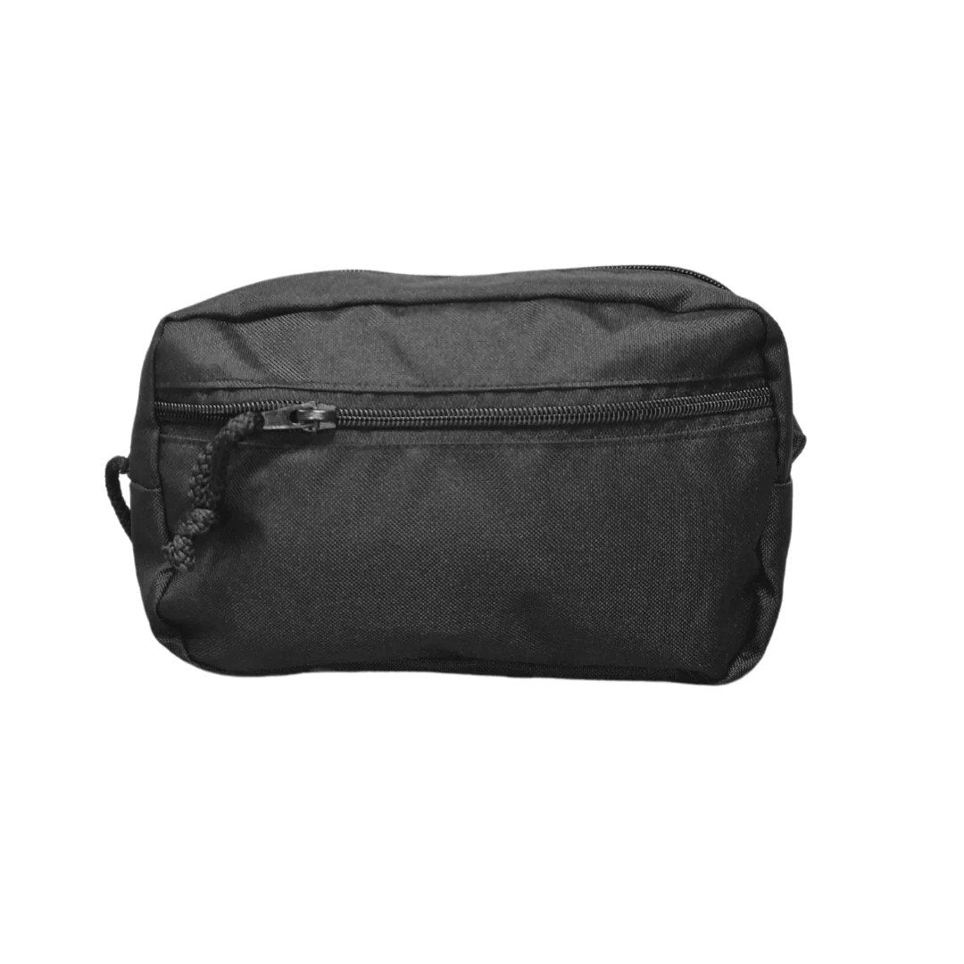 4. Front view of Drinbags BLACK HOLE dog treat bag in black, showing zippered front pocket