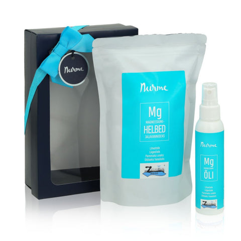 4. Nurme Magnesium Gift Set with oil and flakes displayed with packaging, highlighting Zechstein Inside®