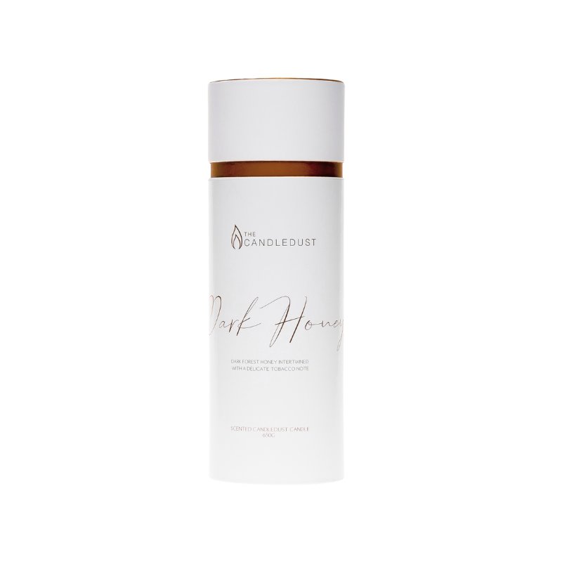 2. Studio image of Candledust Dark Honey powdered candle packaging with elegant design