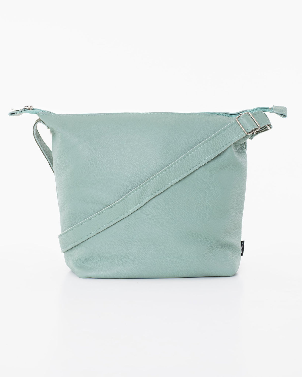 1. Trendbag Suvi XS shoulder bag in Sea Blue, front view, handmade from high-quality leather leftovers, versatile design with adjustable strap, studio setting