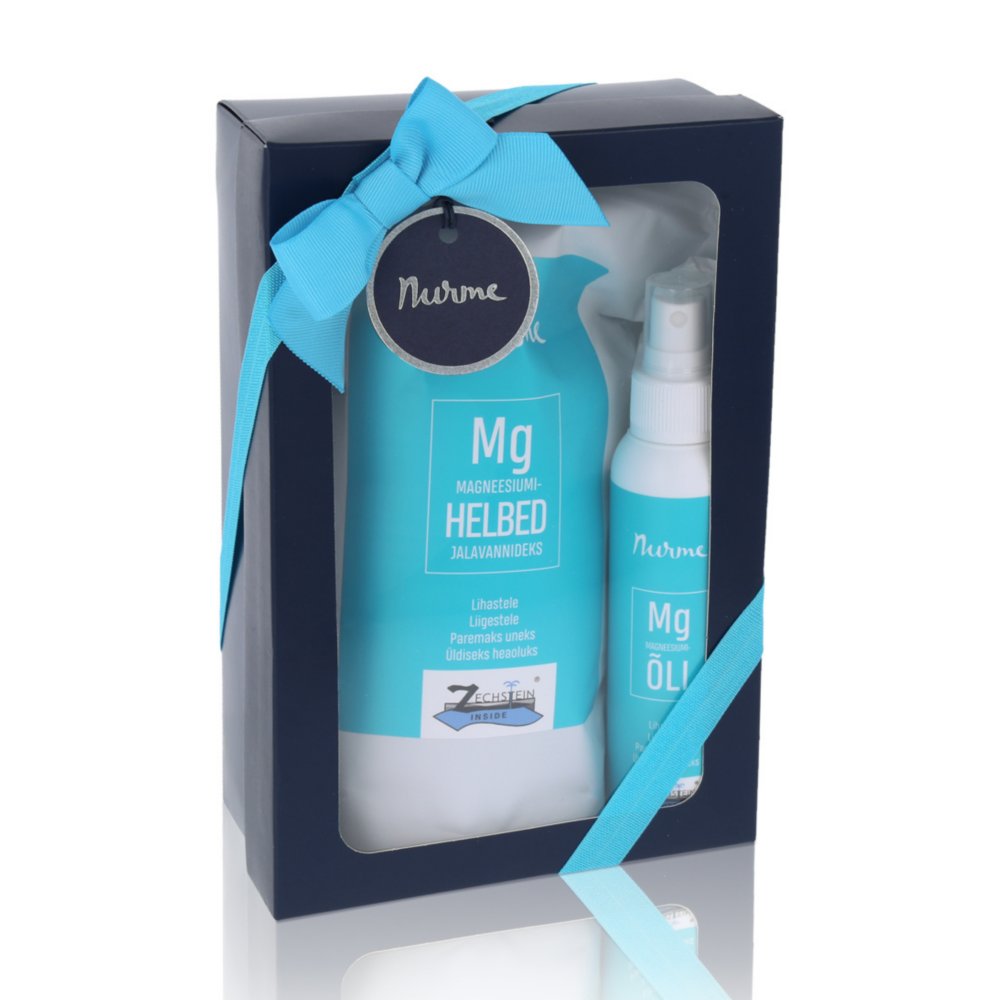 2. Nurme Magnesium Gift Set in elegant packaging with blue ribbon, featuring magnesium oil and flakes