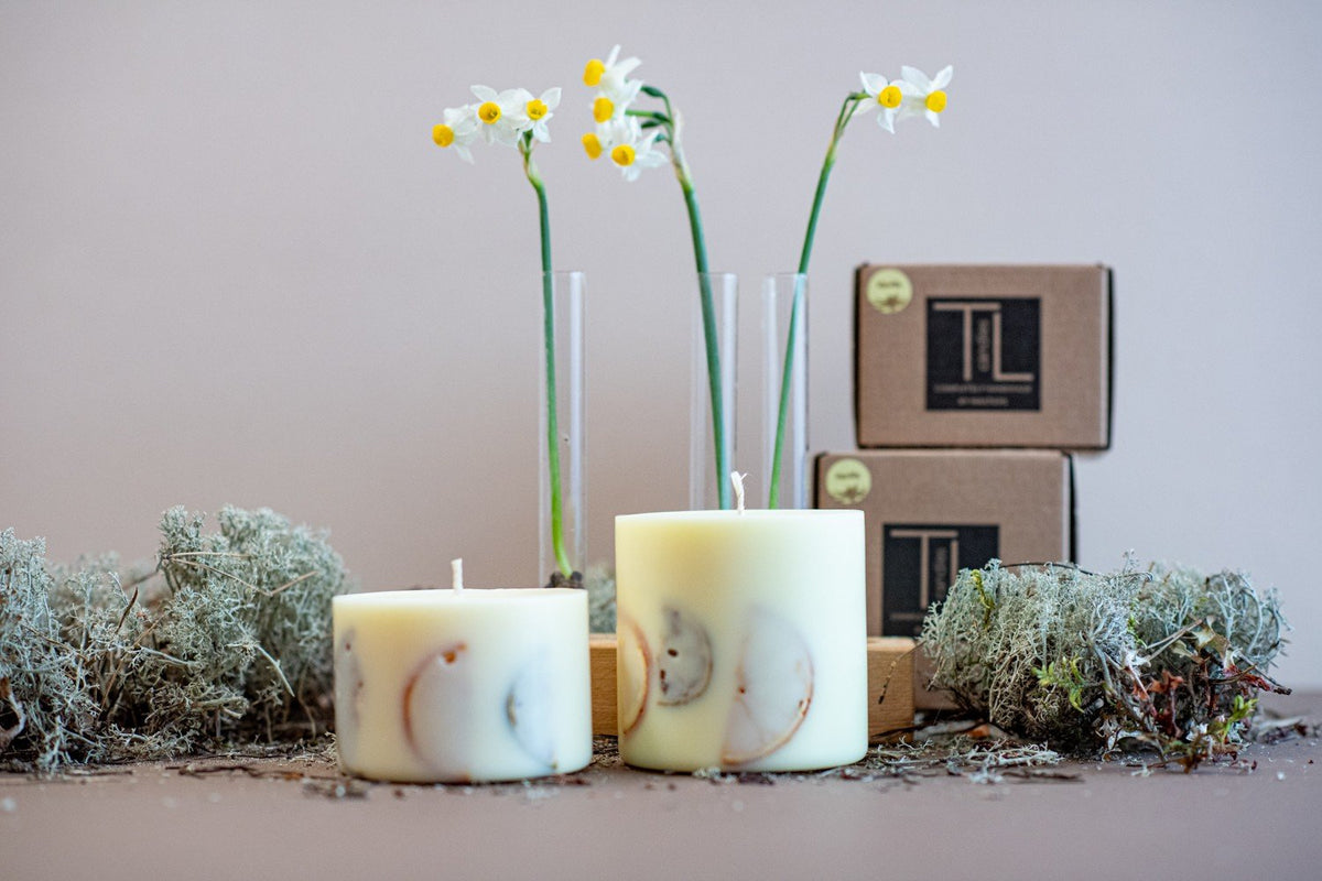 1. Hand-made soy wax candles by TL Candles with vanilla scent, decorated with orange and lime slices, shown in lifestyle setting with flowers and packaging