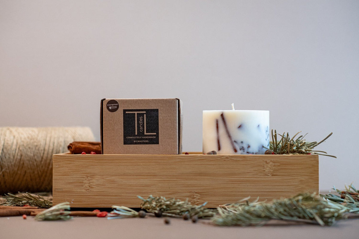 8. TL Candles box and white soy wax candle with lavender decoration, styled with rustic elements