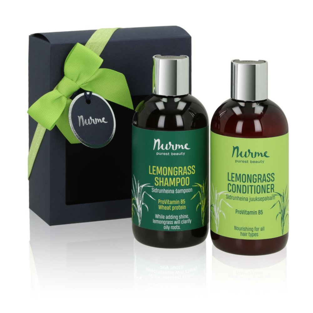 2. Nurme Lemongrass shampoo and conditioner gift set with green ribbon packaging