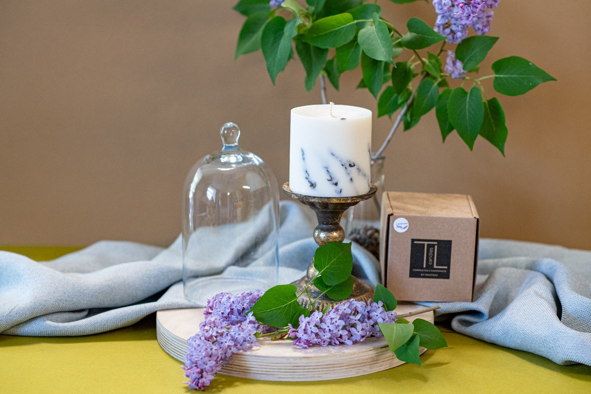 3. White soy wax candle with lavender scent by TL Candles, displayed with packaging and lavender flowers, lifestyle setting