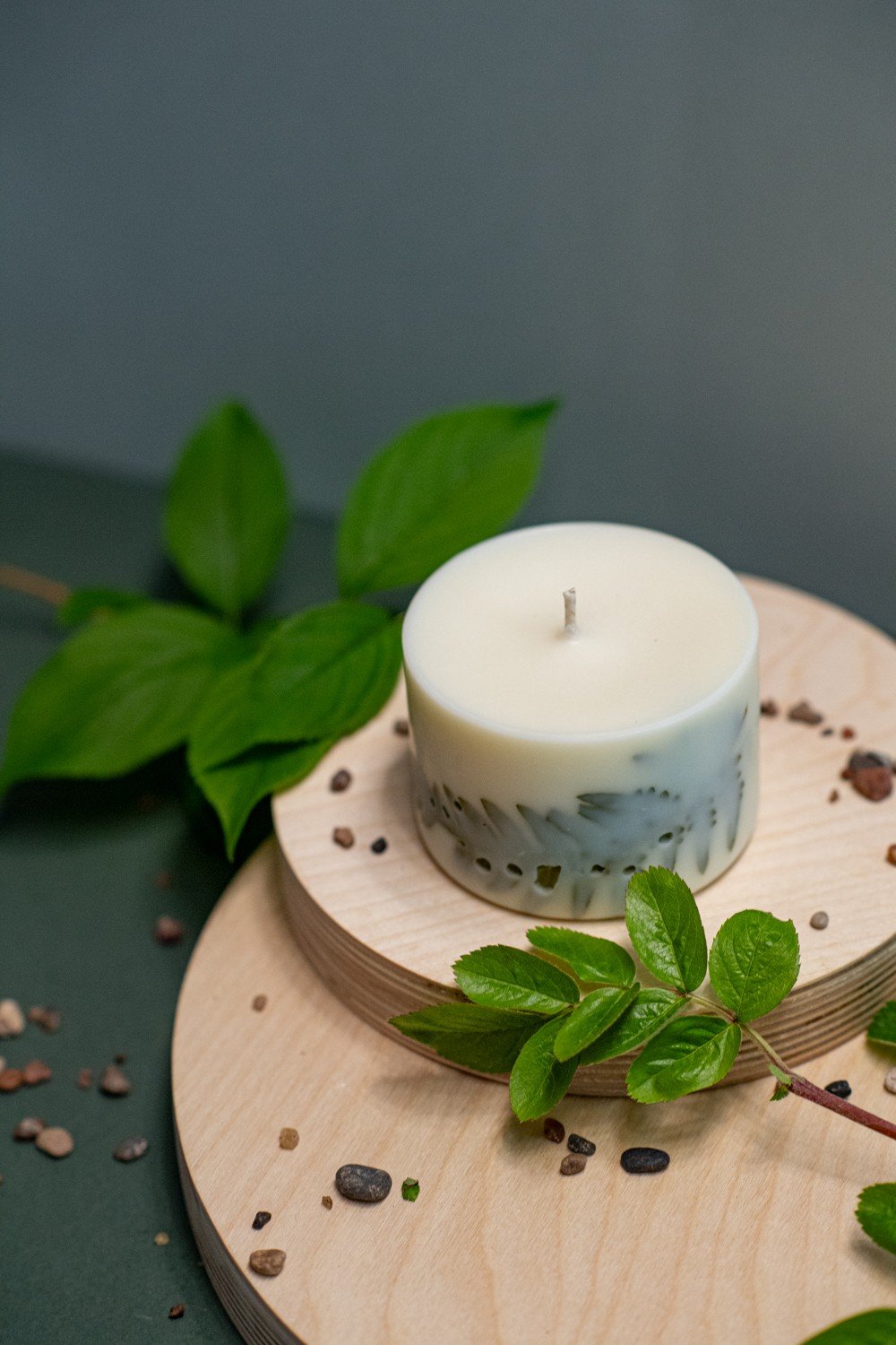 3. Close-up of hand-made soy wax candle with lemongrass scent by TL Candles, featuring embedded fern leaves