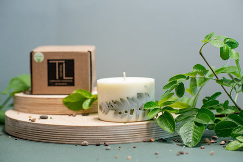 2. Single hand-made soy wax candle with lemongrass scent by TL Candles, shown with packaging and greenery in a lifestyle setting