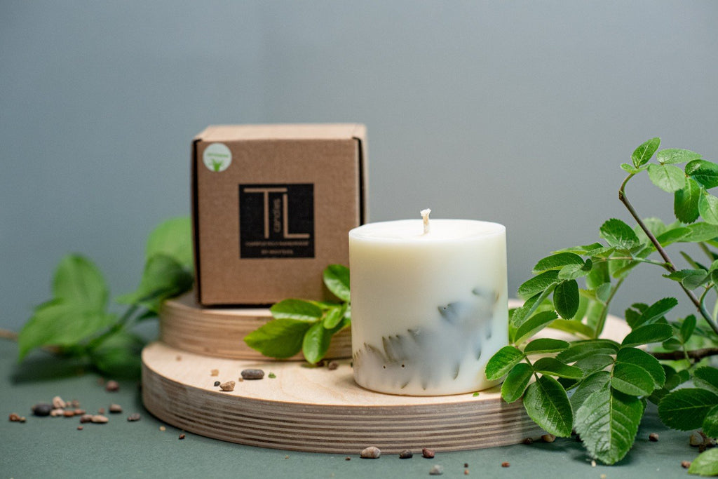 6. Hand-made soy wax candle with lemongrass scent by TL Candles, shown with packaging and natural fern leaves