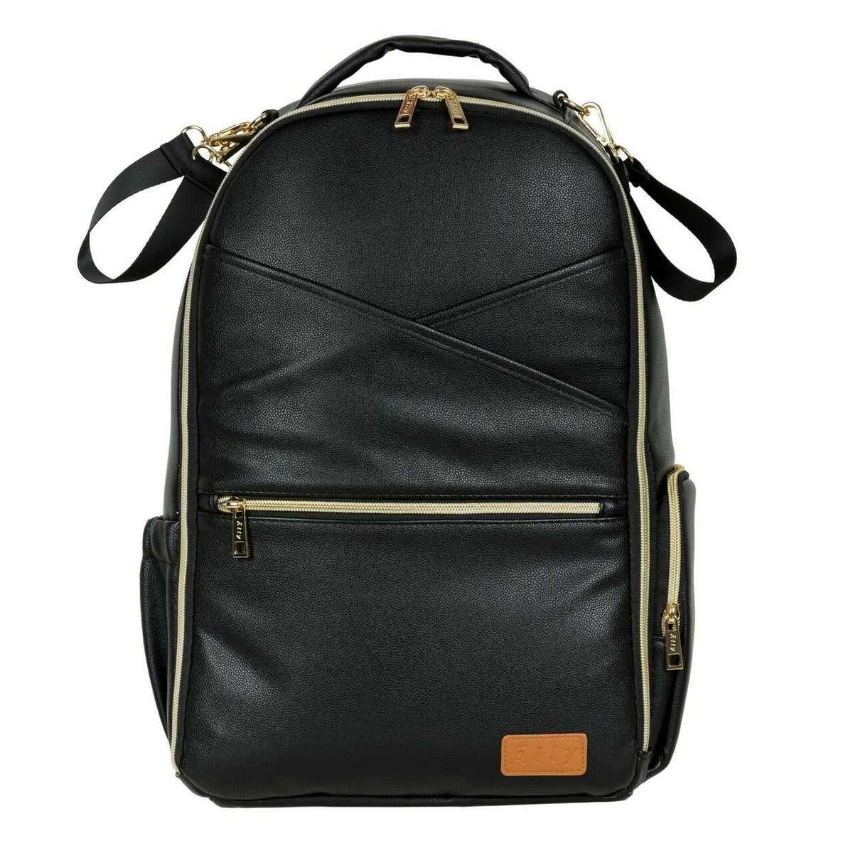 6. Studio image of Ally Scandic Espresso Diaper Backpack, front view with PU vegan leather and YKK zippers