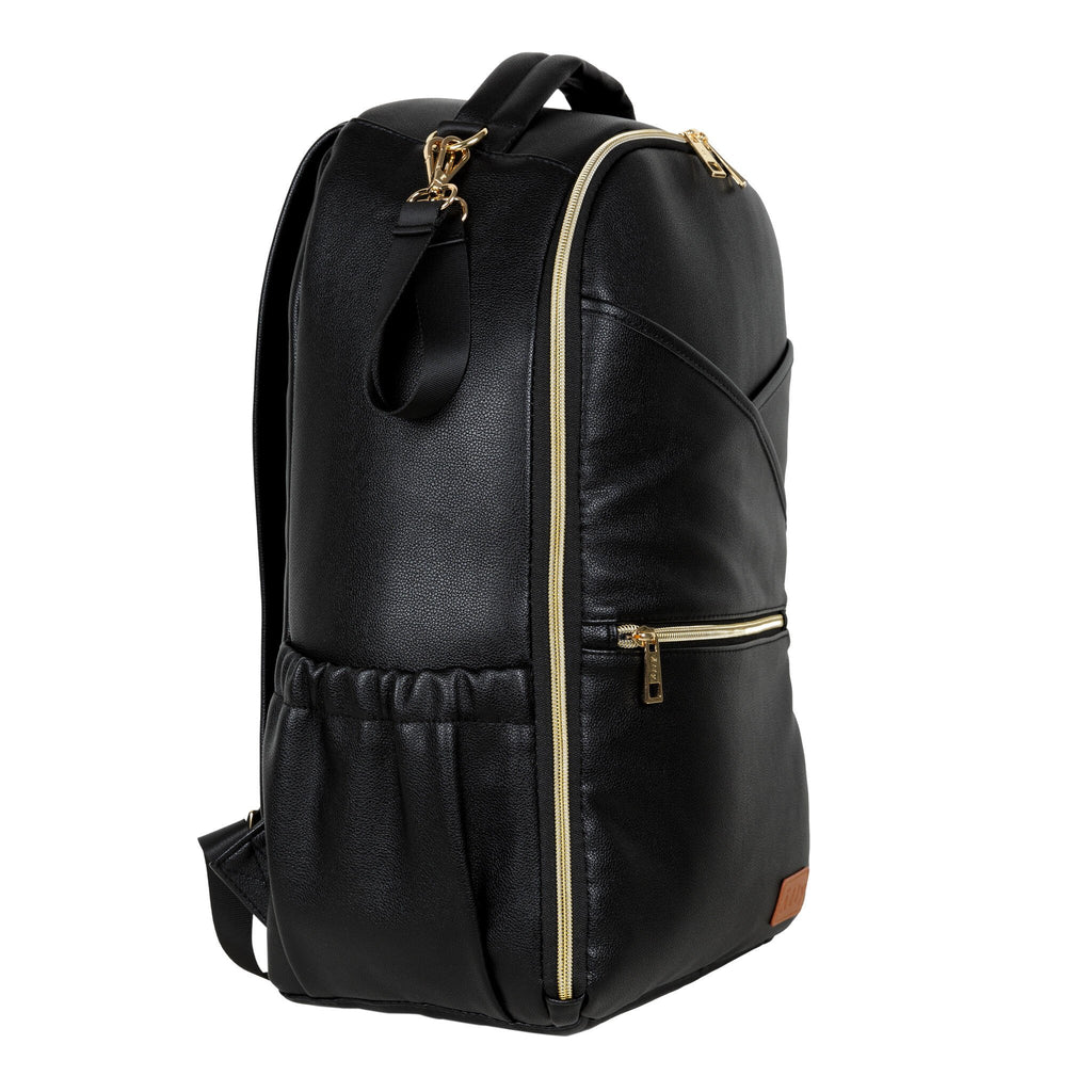 18. Studio image of Ally Scandic Espresso Diaper Backpack, side view with multiple pockets