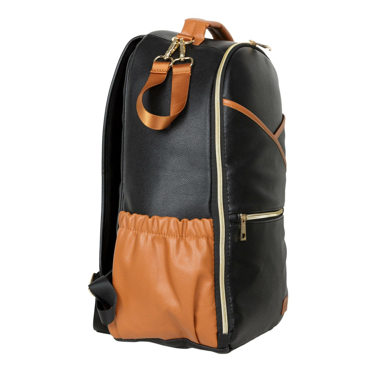 11. Side view of Ally Scandic Black Coffee diaper backpack highlighting pocket design
