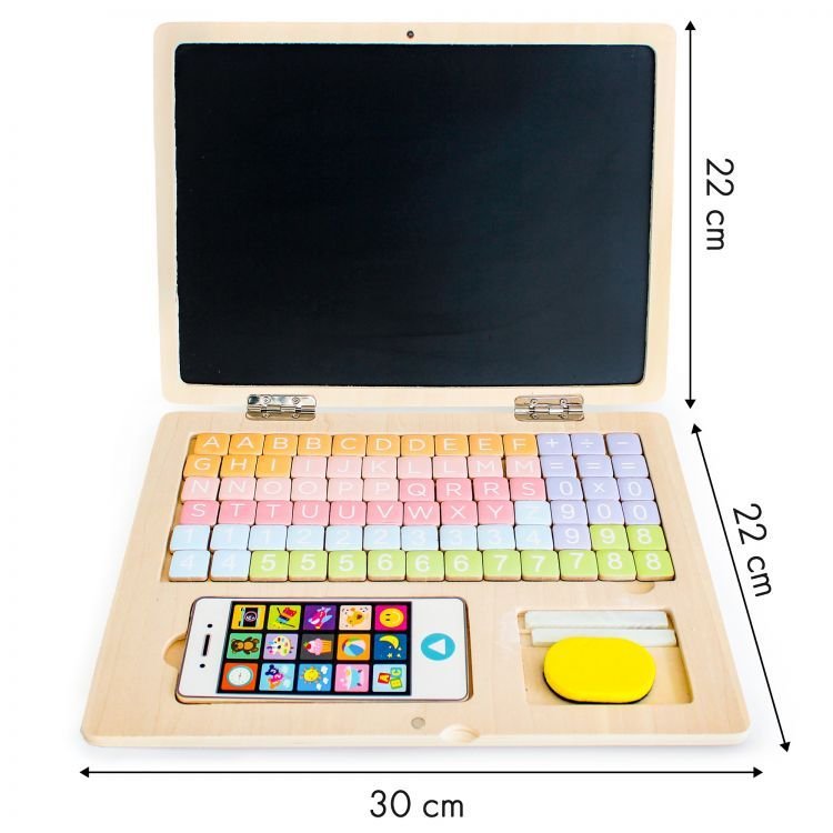 2. Ecotoys wooden laptop with magnetic alphabet and play phone, dimensions 30 cm by 22 cm, shown on a white background