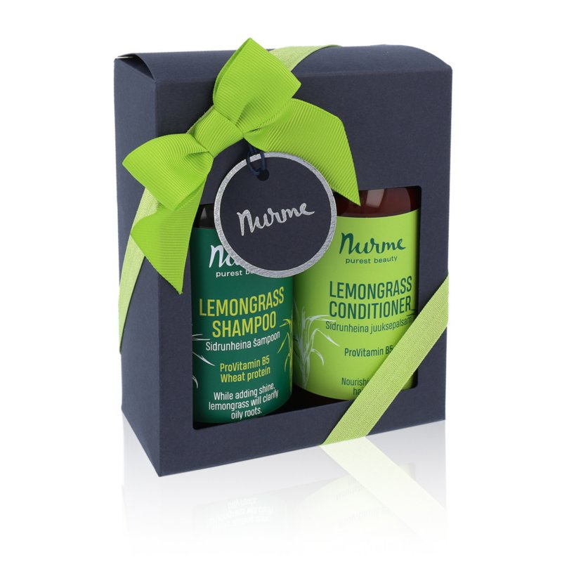 6. Close-up of Nurme Lemongrass Hair Care Set in a gift box with a green ribbon, highlighting packaging