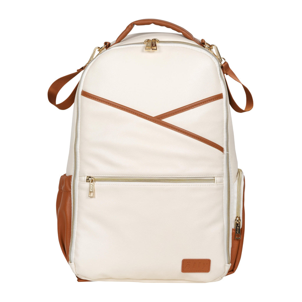 9. Front view of Ally Scandic Cappuccino Diaper Backpack, highlighting design and pockets