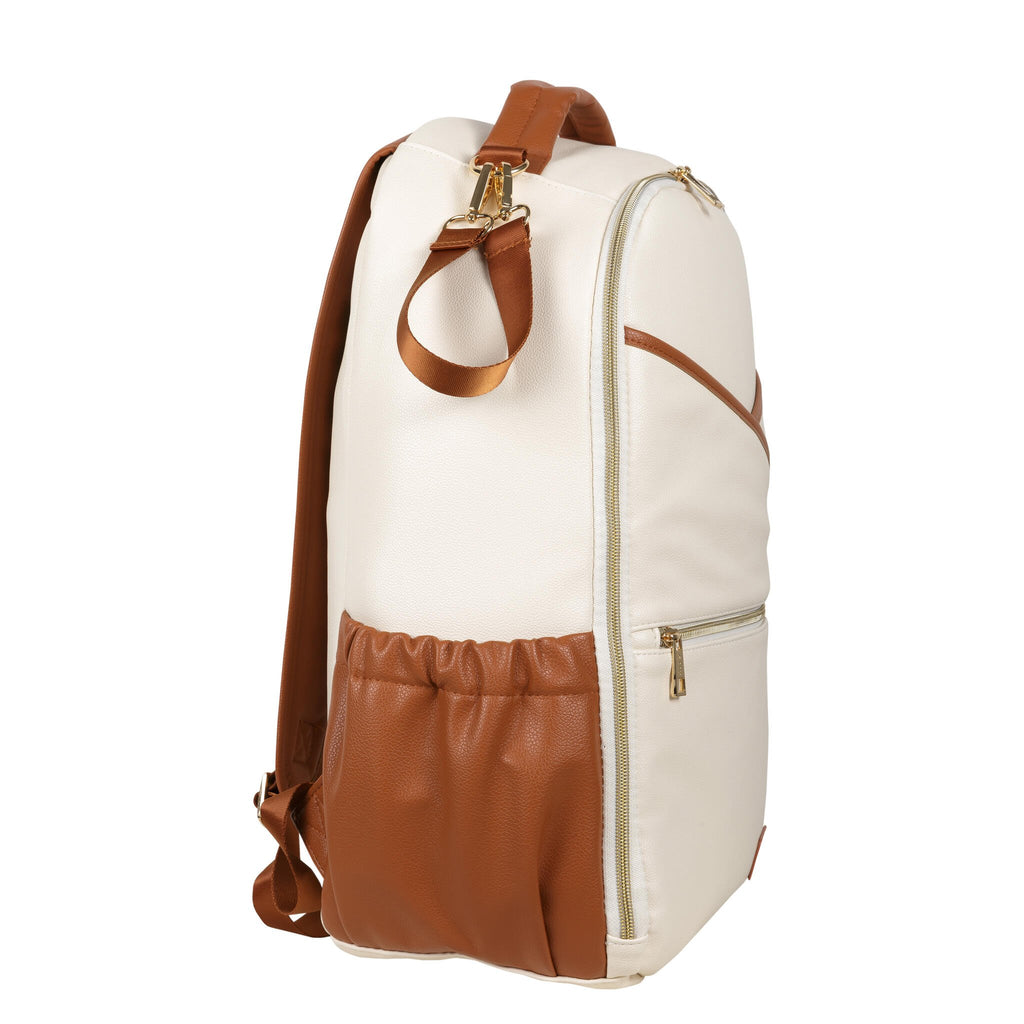 10. Open Ally Scandic Cappuccino Diaper Backpack with baby essentials, showing interior space