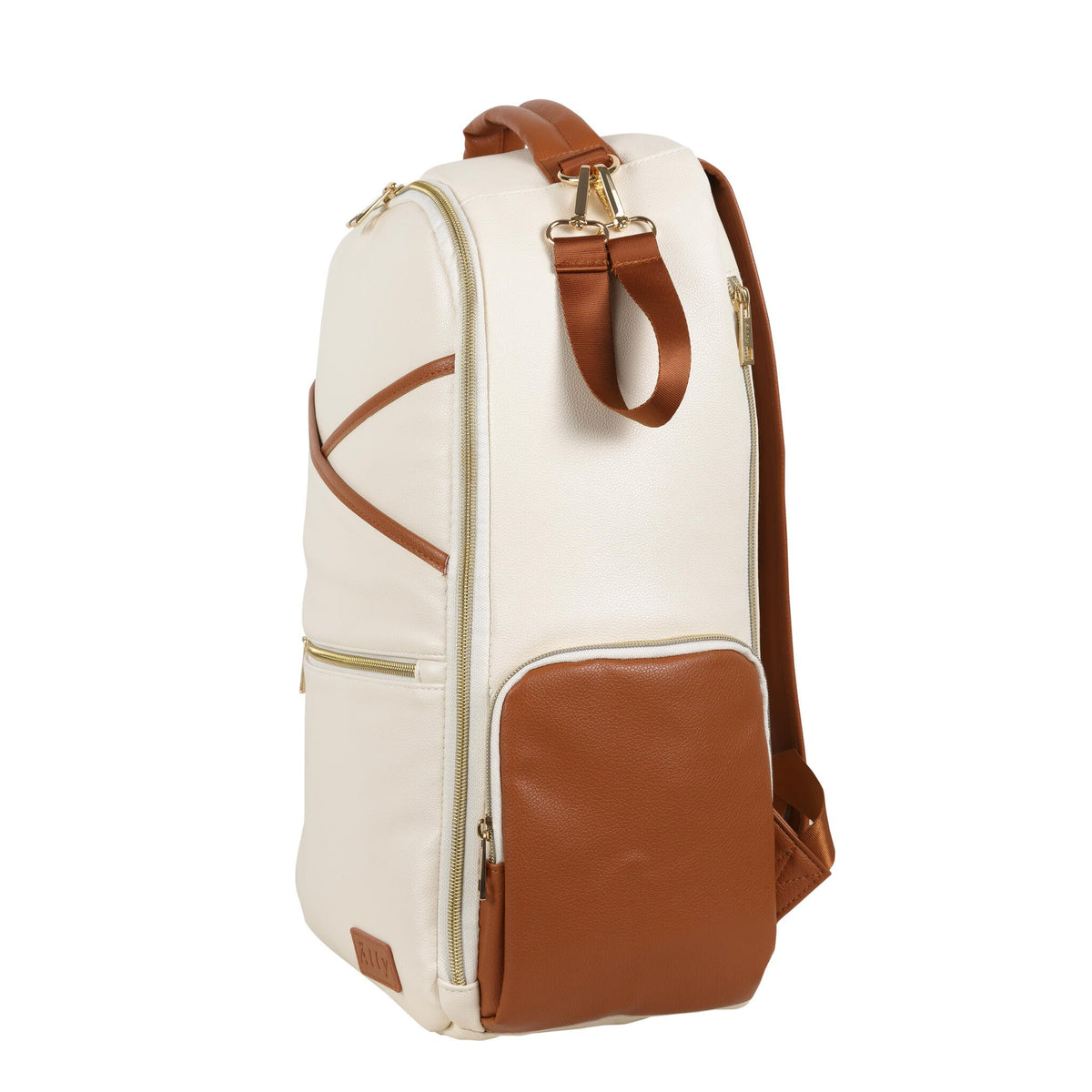 20. Side view of Ally Scandic Cappuccino Diaper Backpack, highlighting design and pockets