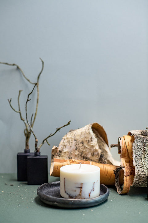 3. Hand-made soy wax candle with birch scent by TL Candles, displayed on a ceramic dish with birch bark