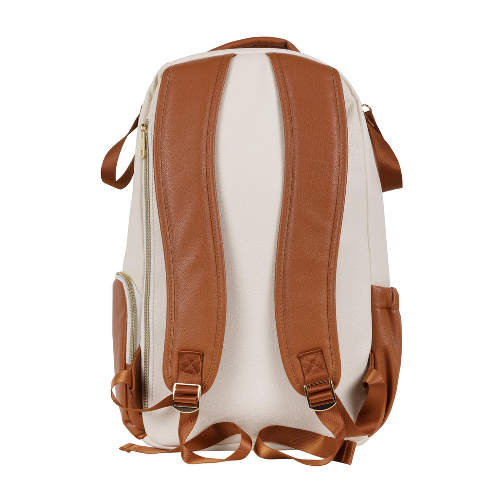 8. Studio shot of Ally Scandic Cappuccino Diaper Backpack, side view with brown accents