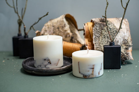 1. Hand-made soy wax candles with birch scent by TL Candles, styled with birch bark in a natural setting