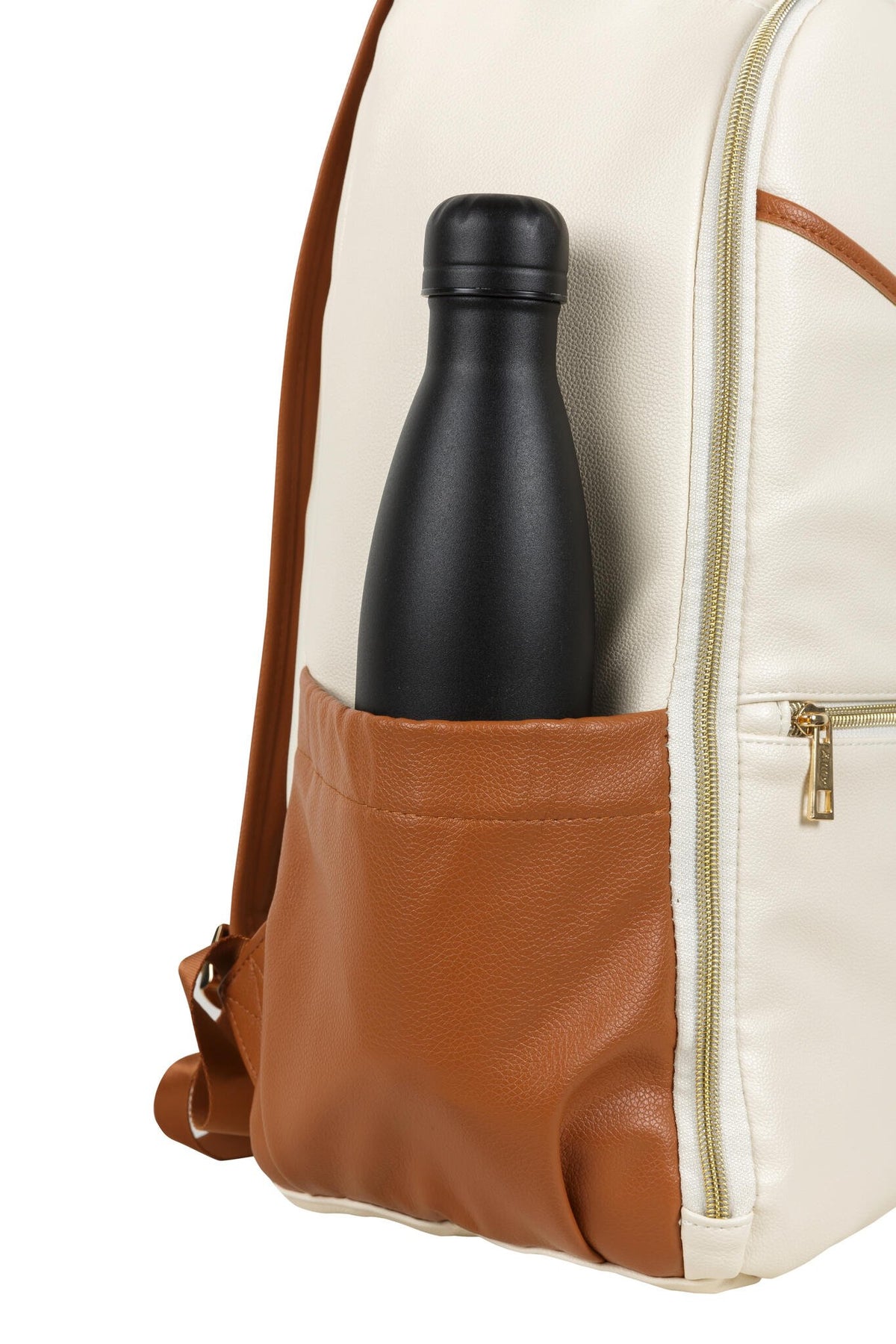15. Side view of Ally Scandic small cappuccino diaper backpack with water bottle in pocket