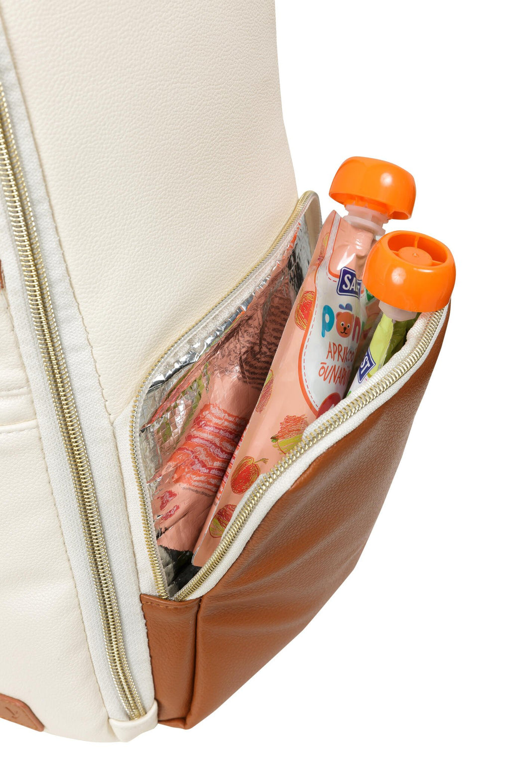 14. Close-up of side pocket on Ally Scandic small cappuccino diaper backpack with snacks