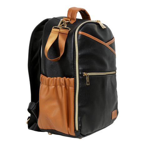 3. Side view of Ally Scandic Small Diaper Backpack in Black Coffee showing pockets