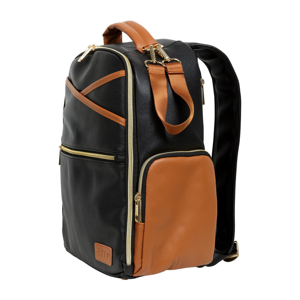 4. Side view of Ally Scandic Small Diaper Backpack in Black Coffee with adjustable straps