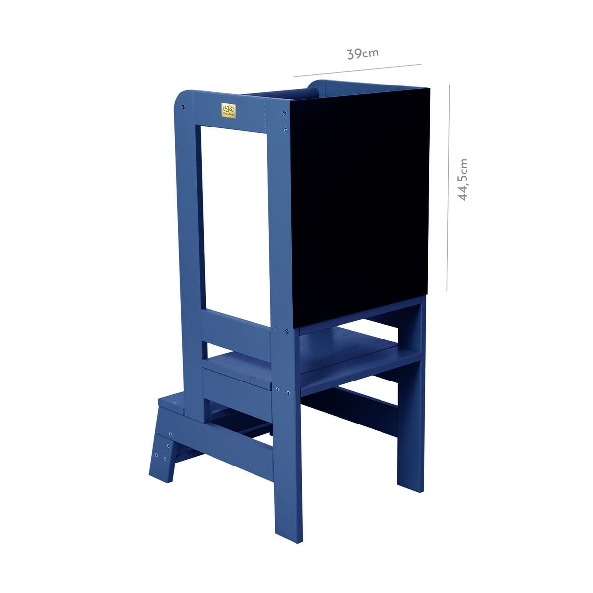 4. Blue MeowBaby kitchen helper with blackboard back and dimensions in studio