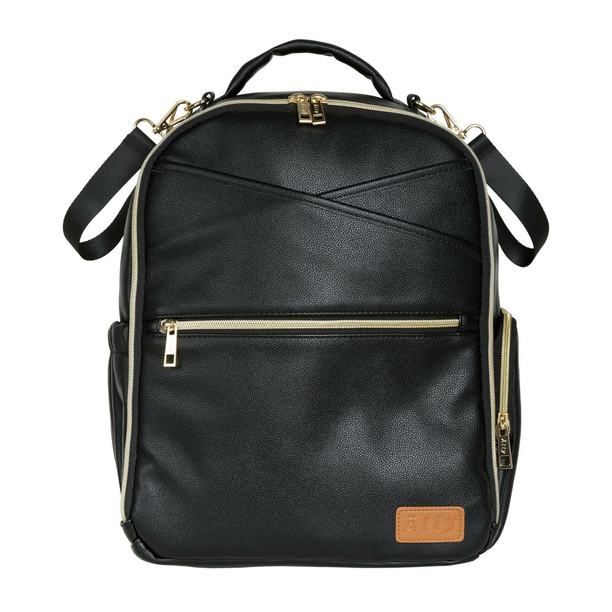 16. Front view of Ally Scandic Small Espresso Diaper Backpack showing zippered pocket and vegan leather material