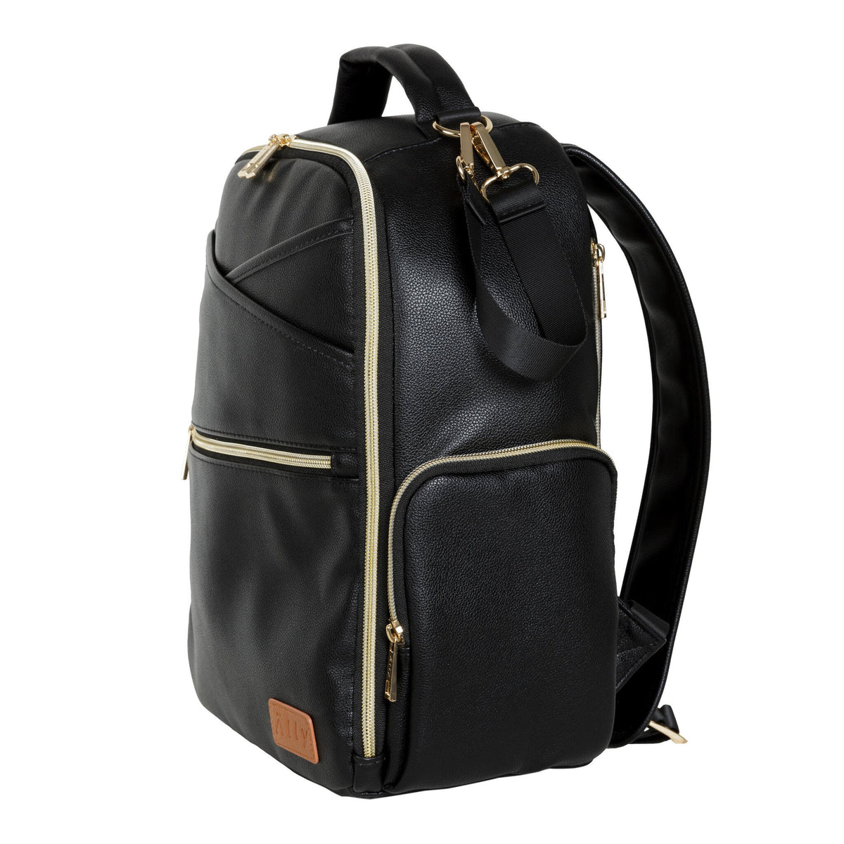 21. Side view of Ally Scandic Small Espresso Diaper Backpack highlighting design