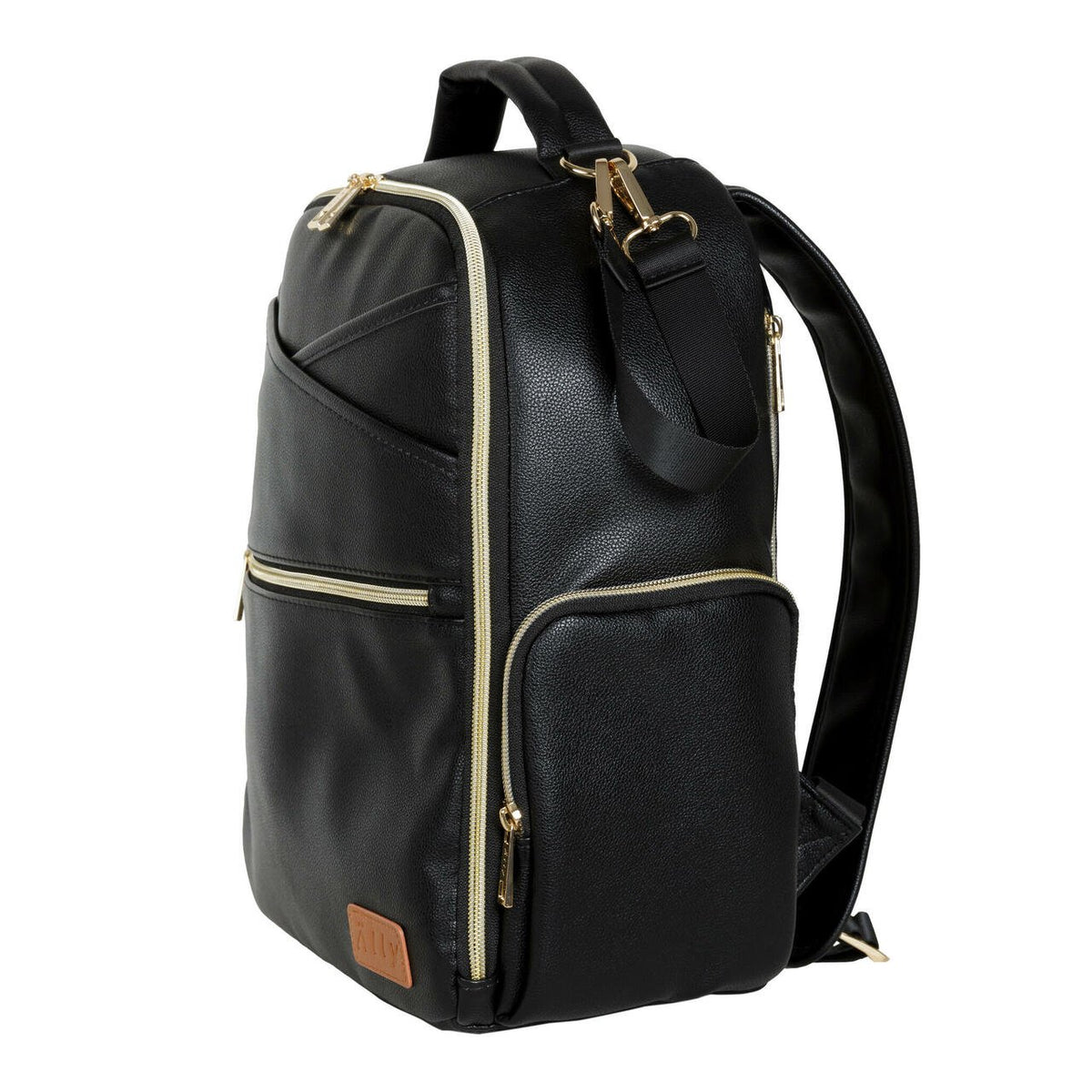 15. Side view of Ally Scandic Small Espresso Diaper Backpack highlighting design