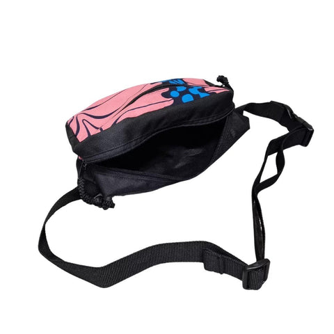 2. Drinbags TAIL OF THE WHALE dog treat bag in pink with blue pattern, open view showing adjustable strap and interior space