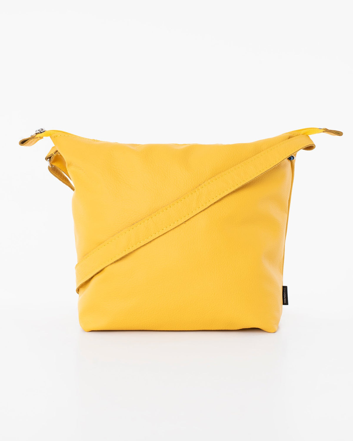 1. Trendbag Suvi XS yellow shoulder bag in studio, front view showcasing versatile design and eco-friendly leather material