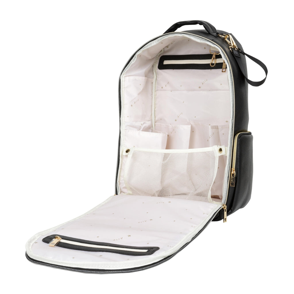 8. Open view of Ally Scandic Espresso Diaper Backpack, displaying spacious interior and pockets