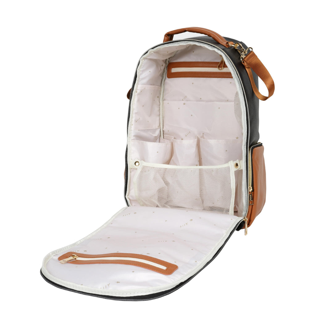 16. Open view of Ally Scandic Black Coffee diaper backpack showing spacious interior