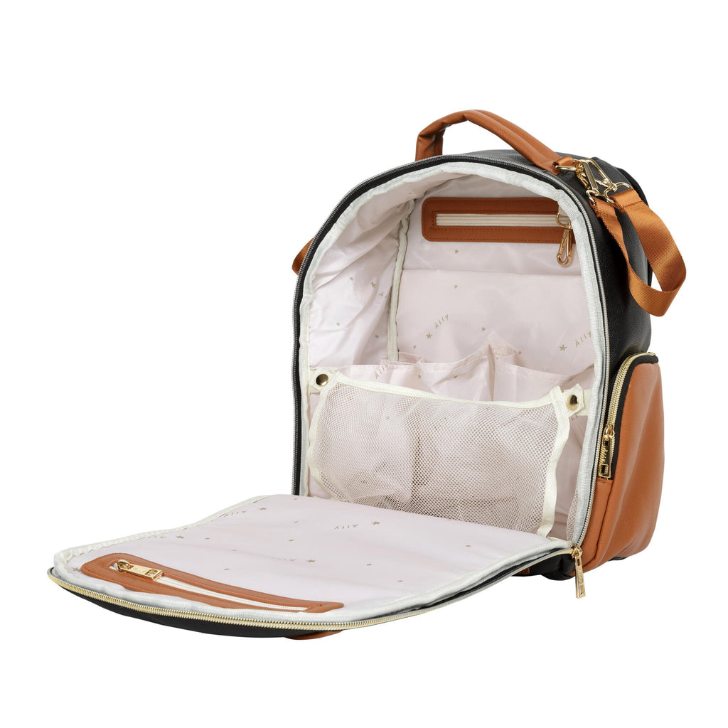 7. Open view of Ally Scandic Small Diaper Backpack in Black Coffee showing interior pockets