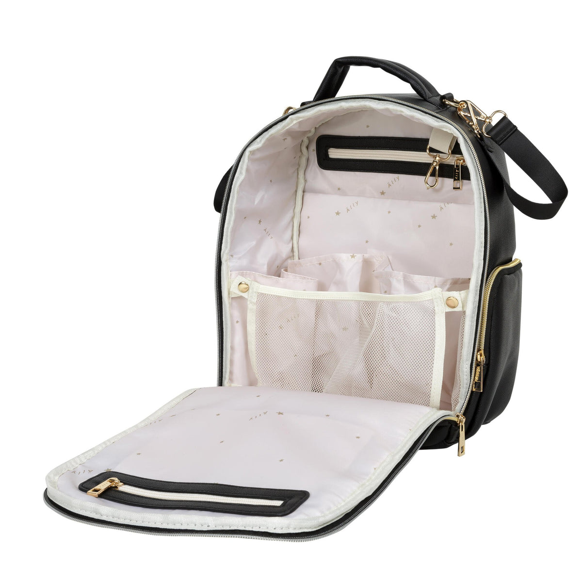 13. Front view of Ally Scandic Small Espresso Diaper Backpack in studio setting