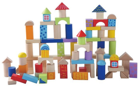 2. Assorted colorful wooden building blocks from Gerardo's Toys arranged in various shapes and structures