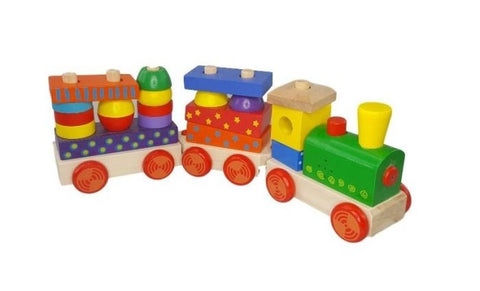 2. Wooden train toy with colorful blocks and a green locomotive, shown from the side with red wheels and a yellow chimney, by Gerardo's Toys