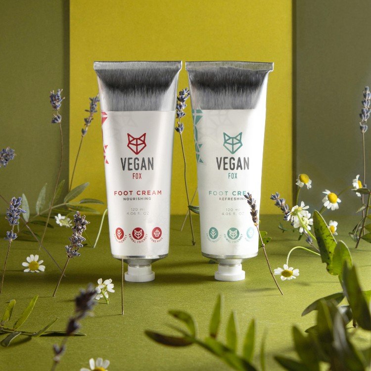 4. Vegan Fox Foot Creams in refreshing and nourishing variants, displayed among flowers