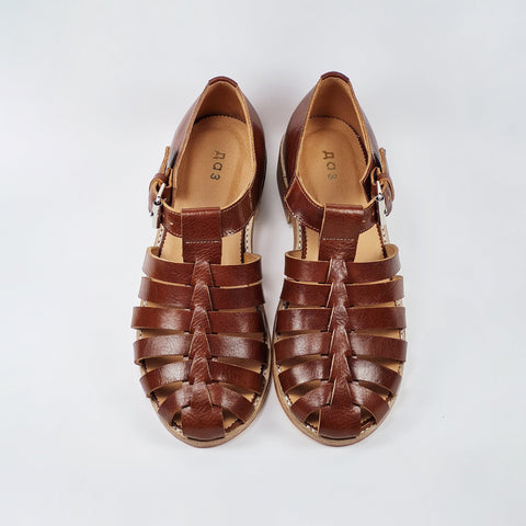 4. Top view of brown leather fisherman sandals by Daz Studio, featuring round toe design