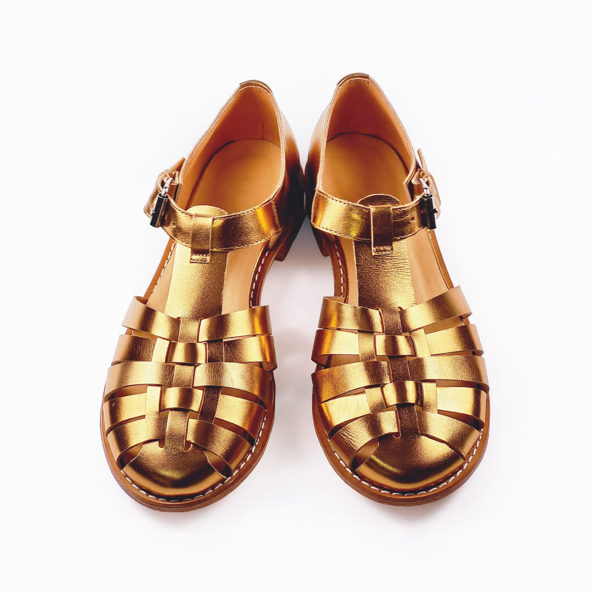 3. Handmade golden leather fisherman sandals by Daz Studio, top view with adjustable buckle