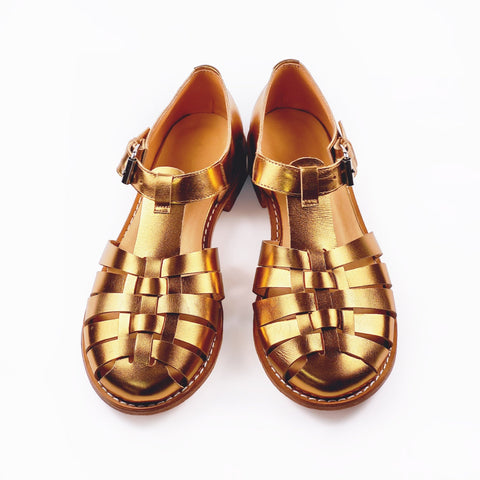 3. Handmade golden leather fisherman sandals by Daz Studio, top view with adjustable buckle