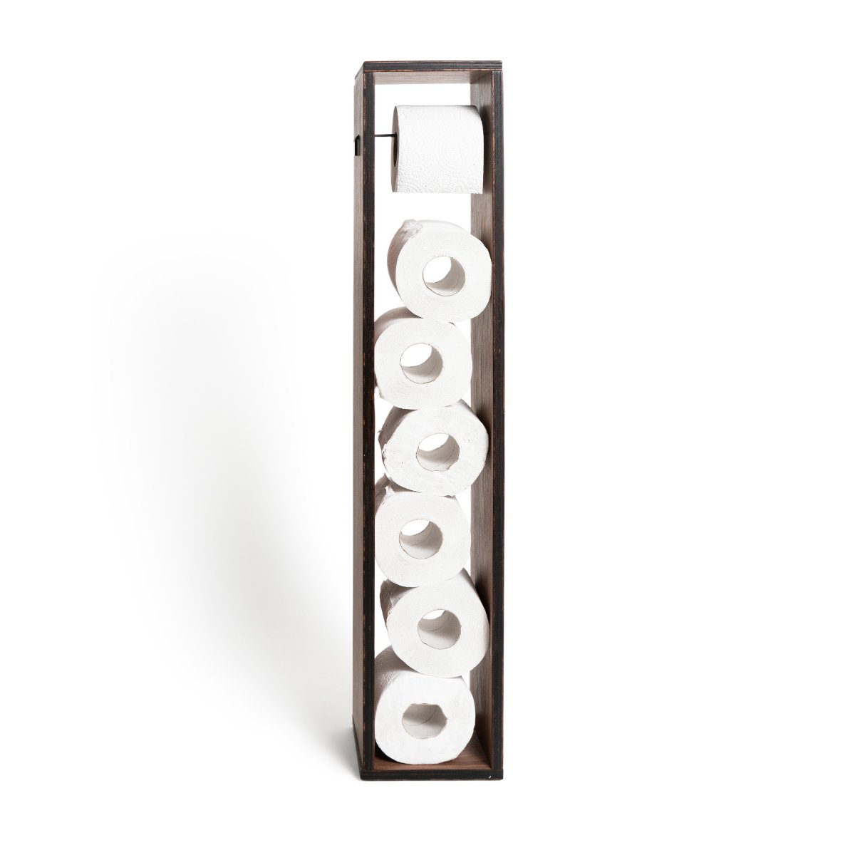 1. Free standing wooden toilet paper holder with multiple rolls stored vertically, showcasing rustic birch plywood design