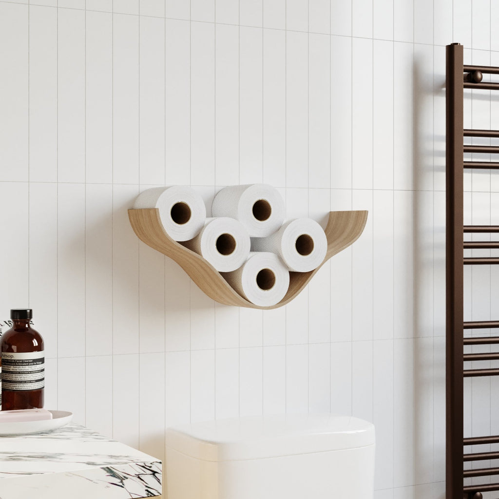 1. Wall-mounted wooden toilet paper holder in light wood finish in modern bathroom with white tiles